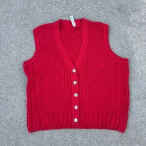Vintage 90s Delia McKain Red Fisherman 3D Knit Button Up Sweater Vest LARGE